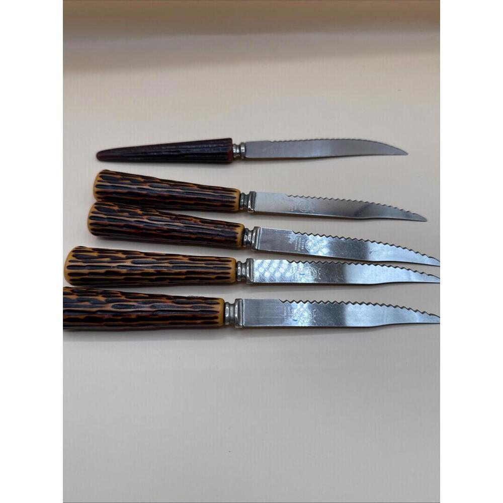 Vintage Steak Knives Crown Sheffield England Stag Type Handles Stainless Set 5